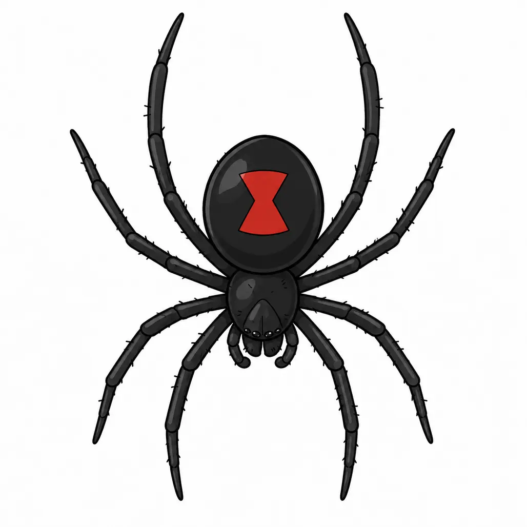 Black widow spider illustration showing the red hourglass marking on its abdomen