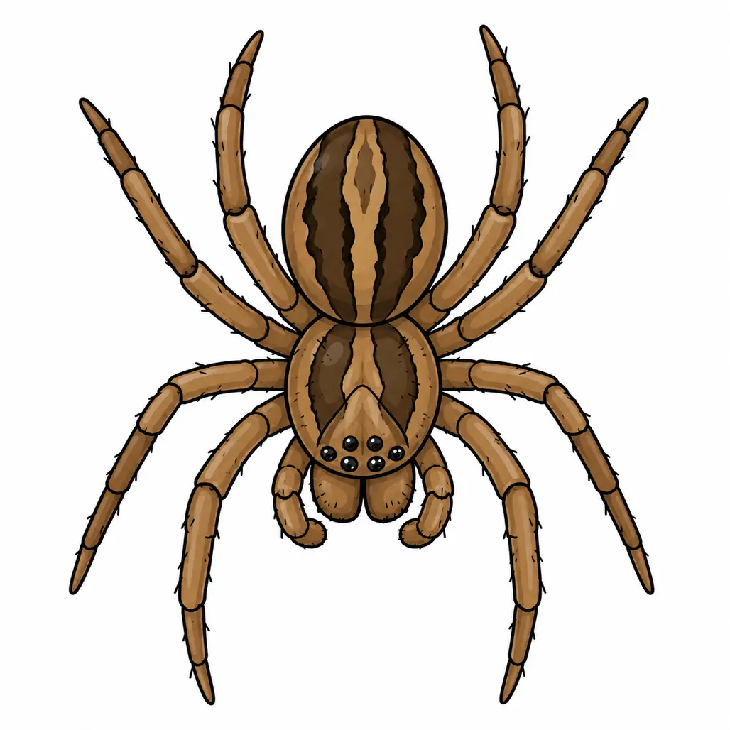 Wolf spider illustration showing its brown, striped body